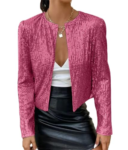 Tomwell Damen Glänzend Pailletten Jacke Cardigan Langarm Lässige Tops Kurz Oberteile Eleganter Blazer Glitzer Party Stehkragen Business Anzugjacke Clubwear A Rose Rot 3XL von Tomwell