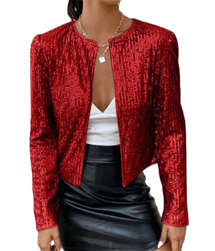 Tomwell Damen Glänzend Pailletten Jacke Cardigan Langarm Lässige Tops Kurz Oberteile Eleganter Blazer Glitzer Party Stehkragen Business Anzugjacke Clubwear A Rot M von Tomwell