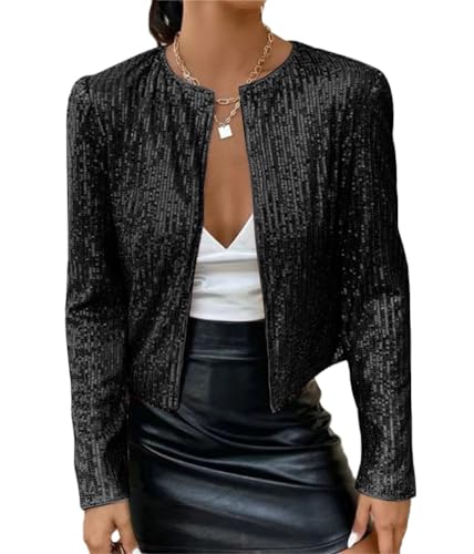 Tomwell Damen Glänzend Pailletten Jacke Cardigan Langarm Lässige Tops Kurz Oberteile Eleganter Blazer Glitzer Party Stehkragen Business Anzugjacke Clubwear A Schwarz L von Tomwell