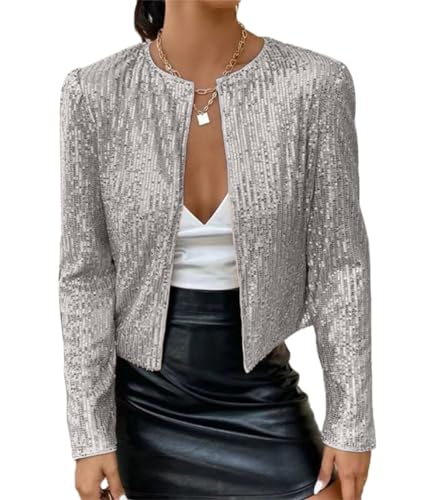 Tomwell Damen Glänzend Pailletten Jacke Cardigan Langarm Lässige Tops Kurz Oberteile Eleganter Blazer Glitzer Party Stehkragen Business Anzugjacke Clubwear A Silber M von Tomwell