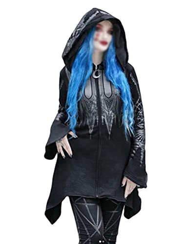 Tomwell Damen Gothic Kapuzenpullover Schwarz Punk Hoodie Mond Sweatshirt mit Kapuzen Sweatjacke Halloween Karneval Kostüm Streetwear Party Freizeit Kleidung G1 Schwarz 3XL von Tomwell