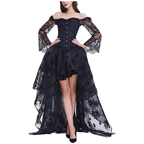 Tomwell Damen Gothic-Stil Sexy Kleid Bustier Vintage Kleid Asymmetrischer Spitzennähte Cosplay Kostüm Party Kleid Mittelalter Kleid Langarm Cocktail Kostüm B Schwarz M von Tomwell