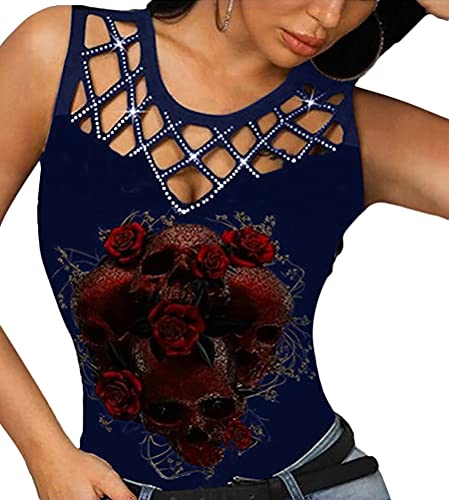 Tomwell Damen Halloween Übergroßes Modisches Racer Top mit Schrägen Schultern und Totenkopf Print Cooles T-Shirt Sommer Shirt Oberteile Frauen Kleidung Frau Crop Top Klamotten B Blau M von Tomwell