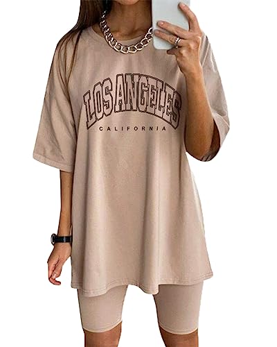 Tomwell Damen Hausanzug Rundhals Mode 2 Teile Sommer Briefdruck Jogginganzug Outfits Casual Kurzarm Trainingsanzug Frau Lose Teenager Mädchen Oversized T-Shirt + Shorts Set A Khaki XS von Tomwell