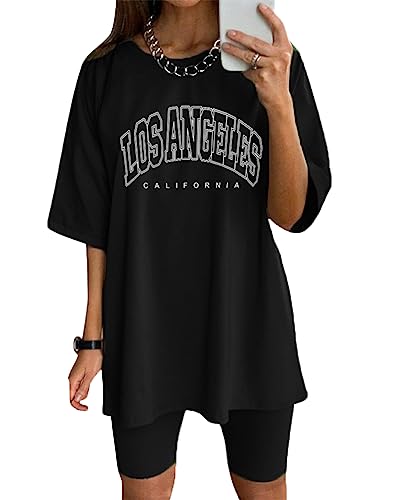 Tomwell Damen Hausanzug Rundhals Mode 2 Teile Sommer Briefdruck Jogginganzug Outfits Casual Kurzarm Trainingsanzug Frau Lose Teenager Mädchen Oversized T-Shirt + Shorts Set A Schwarz L von Tomwell