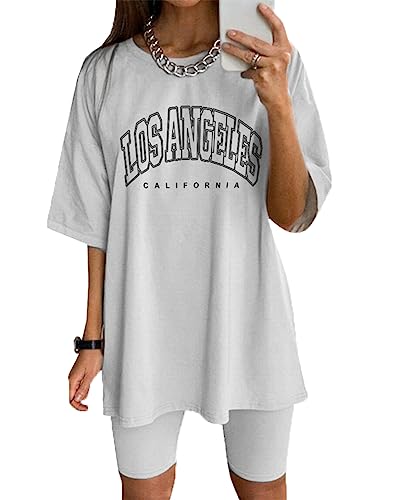 Tomwell Damen Hausanzug Rundhals Mode 2 Teile Sommer Briefdruck Jogginganzug Outfits Casual Kurzarm Trainingsanzug Frau Lose Teenager Mädchen Oversized T-Shirt + Shorts Set A Weiß S von Tomwell