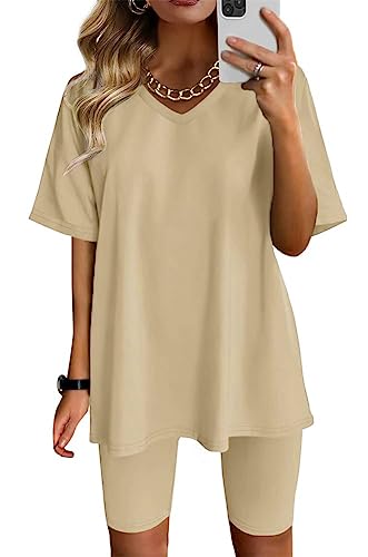 Tomwell Damen Hausanzug Rundhals Mode 2 Teile Sommer Briefdruck Jogginganzug Outfits Casual Kurzarm Trainingsanzug Frau Lose Teenager Mädchen Oversized T-Shirt + Shorts Set B Khaki S von Tomwell