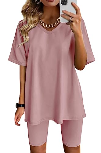 Tomwell Damen Hausanzug Rundhals Mode 2 Teile Sommer Briefdruck Jogginganzug Outfits Casual Kurzarm Trainingsanzug Frau Lose Teenager Mädchen Oversized T-Shirt + Shorts Set B Rosa M von Tomwell