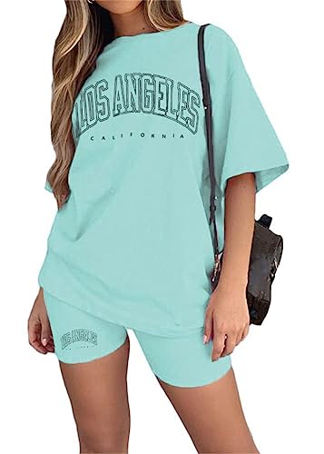 Tomwell Damen Hausanzug Rundhals Mode 2 Teile Sommer Buchstaben Druck Kurzarm Oberteile Frau Lose Teenager Mädchen Oversized Sport T-Shirt + Radlerhose Jogginganzug A Blau M von Tomwell