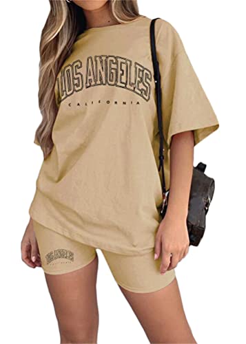 Tomwell Damen Hausanzug Rundhals Mode 2 Teile Sommer Buchstaben Druck Kurzarm Oberteile Frau Lose Teenager Mädchen Oversized Sport T-Shirt + Radlerhose Shorts Jogginganzug A Khaki M von Tomwell