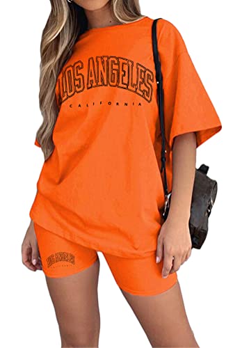 Tomwell Damen Hausanzug Rundhals Mode 2 Teile Sommer Buchstaben Druck Kurzarm Oberteile Frau Lose Teenager Mädchen Oversized Sport T-Shirt + Radlerhose Shorts Jogginganzug A Orange L von Tomwell