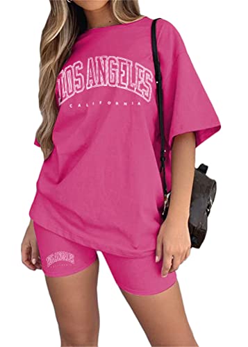 Tomwell Damen Hausanzug Rundhals Mode 2 Teile Sommer Buchstaben Druck Kurzarm Oberteile Frau Lose Teenager Mädchen Oversized Sport T-Shirt + Radlerhose Shorts Jogginganzug A Rosa M von Tomwell