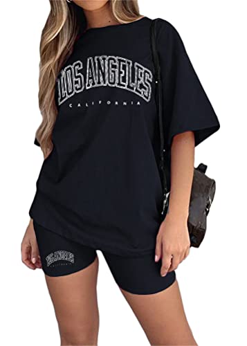 Tomwell Damen Hausanzug Rundhals Mode 2 Teile Sommer Buchstaben Druck Kurzarm Oberteile Frau Lose Teenager Mädchen Oversized Sport T-Shirt + Radlerhose Shorts Jogginganzug A Schwarz L von Tomwell