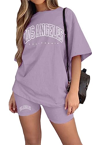 Tomwell Damen Hausanzug Rundhals Mode 2 Teile Sommer Buchstaben Druck Kurzarm Oberteile Frau Lose Teenager Mädchen Oversized Sport T-Shirt + Radlerhose Shorts Jogginganzug A Violett S von Tomwell