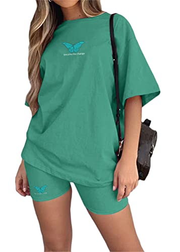 Tomwell Damen Hausanzug Rundhals Mode 2 Teile Sommer Buchstaben Druck Kurzarm Oberteile Frau Lose Teenager Mädchen Oversized Sport T-Shirt + Radlerhose Shorts Jogginganzug B Grün M von Tomwell