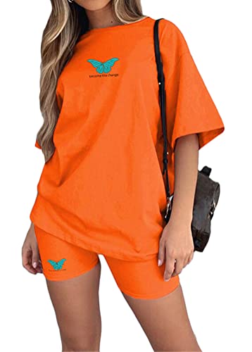 Tomwell Damen Hausanzug Rundhals Mode 2 Teile Sommer Buchstaben Druck Kurzarm Oberteile Frau Lose Teenager Mädchen Oversized Sport T-Shirt + Radlerhose Shorts Jogginganzug B Orange XL von Tomwell