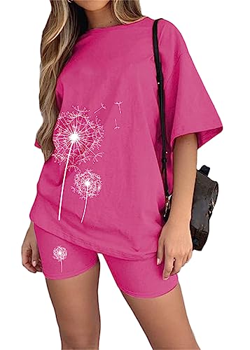 Tomwell Damen Hausanzug Rundhals Mode 2 Teile Sommer Buchstaben Druck Kurzarm Oberteile Frau Lose Teenager Mädchen Oversized Sport T-Shirt + Radlerhose Shorts Jogginganzug C Rosa M von Tomwell