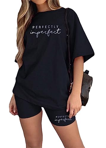 Tomwell Damen Hausanzug Rundhals Mode 2 Teile Sommer Buchstaben Druck Kurzarm Oberteile Frau Lose Teenager Mädchen Oversized Sport T-Shirt + Radlerhose Shorts Jogginganzug E Schwarz L von Tomwell