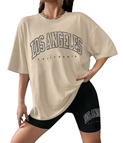 Tomwell Damen Hausanzug Rundhals Mode 2 Teile Sommer Buchstaben Druck Kurzarm Trainingsanzug Frau Lose Jogginganzug Oversized T-Shirt + Radlerhose Shorts Teenager Mädchen Top A Aprikose L von Tomwell