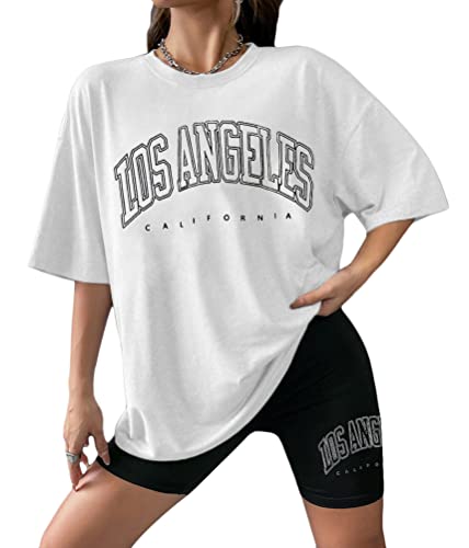 Tomwell Damen Hausanzug Rundhals Mode 2 Teile Sommer Buchstaben Druck Kurzarm Trainingsanzug Frau Lose Jogginganzug Oversized T-Shirt + Radlerhose Shorts Teenager Mädchen Top A Weiß S von Tomwell