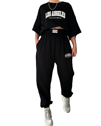 Tomwell Damen Hausanzug Rundhals Sportanzug Mode 2 Teile Sommer Buchstaben Druck Kurzarm Oberteile Frau Lose Jogginganzug Oversized Sport T-Shirt + Jogginghose für Yoga Gym A Schwarz L von Tomwell