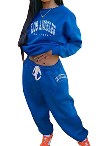 Tomwell Damen Hausanzug Rundhals Sportanzug Set Mode 2 Teile Herbst Druck Langarm Trainingsanzug Frau Lose Jogginganzug Freizeitanzug Sweatshirt Jogginghose für Yoga Gym A Blau L von Tomwell