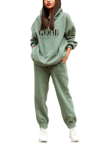 Tomwell Damen Hausanzug mit Kapuze 2 Teile Herbst Buchstaben Druck Langarm Trainingsanzug Frau Lose Jogginganzug Kapuzenpullover Jogginghose für Damen Yoga Gym H Grün M von Tomwell