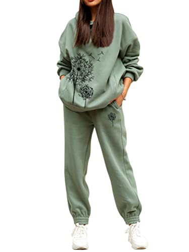 Tomwell Damen Hausanzug mit Kapuze 2 Teile Herbst Löwenzahn Druck Langarm Trainingsanzug Frau Lose Jogginganzug Kapuzenpullover Jogginghose für Damen Yoga Gym G Grün S von Tomwell