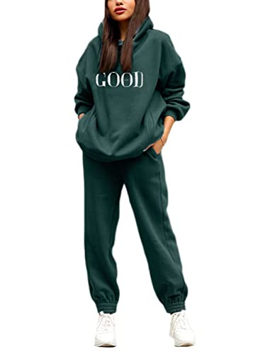 Tomwell Damen Hausanzug mit Kapuze Mode 2 Teile Herbst Buchstaben Druck Langarm Trainingsanzug Frau Lose Jogginganzug mit Taschen Kapuzenpullover Jogginghose für Yoga Gym C Dunkelgrün XS von Tomwell