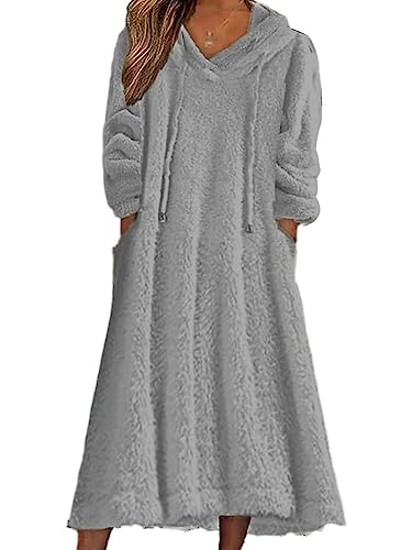 Tomwell Damen Herbst/Winter Kleid Lose Plüsch Kapuzenkleid Langes Kleid Fleece Langarm Pullover Casual Pyjama Kleid mit Taschen A Grau 3XL von Tomwell