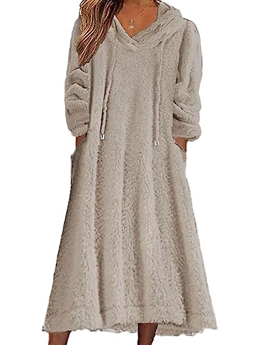 Tomwell Damen Herbst/Winter Kleid Lose Plüsch Kapuzenkleid Langes Kleid Fleece Langarm Pullover Casual Pyjama Kleid mit Taschen A Khaki XXL von Tomwell