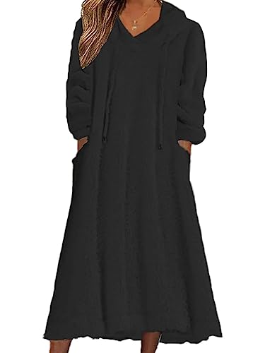 Tomwell Damen Herbst/Winter Kleid Lose Plüsch Kapuzenkleid Langes Kleid Fleece Langarm Pullover Casual Pyjama Kleid mit Taschen A Schwarz 3XL von Tomwell