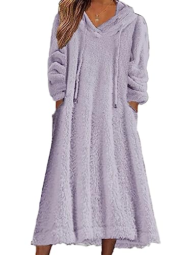Tomwell Damen Herbst/Winter Kleid Lose Plüsch Kapuzenkleid Langes Kleid Fleece Langarm Pullover Casual Pyjama Kleid mit Taschen A Violett S von Tomwell