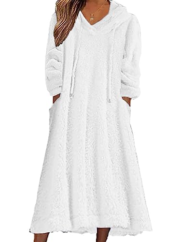 Tomwell Damen Herbst/Winter Kleid Lose Plüsch Kapuzenkleid Langes Kleid Fleece Langarm Pullover Casual Pyjama Kleid mit Taschen A Weiß 3XL von Tomwell