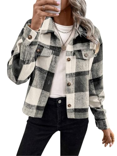 Tomwell Damen Herbst Winter Karierte Jacke Casual Oversized Hemdjacke mit Knöpfen Warme Langarmshirt Boyfriend-Stil Mantel Revers Button-Down Bluse für Alltag A Schwarz L von Tomwell