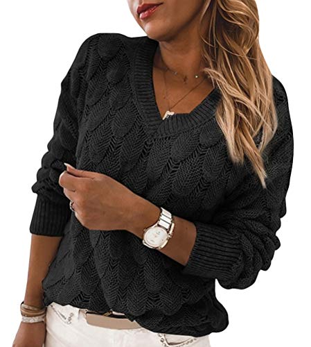 Tomwell Damen Herbst Winter Soft Lose Strickpulli Oversize Sweater V-Ausschnitt Pullover Front Twist Knot Strickpullover Casual Winterpullover Elegant Oberteile Rot M Schwarz S von Tomwell