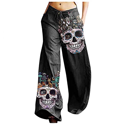 Tomwell Damen High Waist Schwarz Haremshose Weite Freizeithose Lang Weite Bein Stoffhose Baggy Luftig Halloween Totenkopf Bedruckte Sweathose Jogginghose A Schwarz L von Tomwell