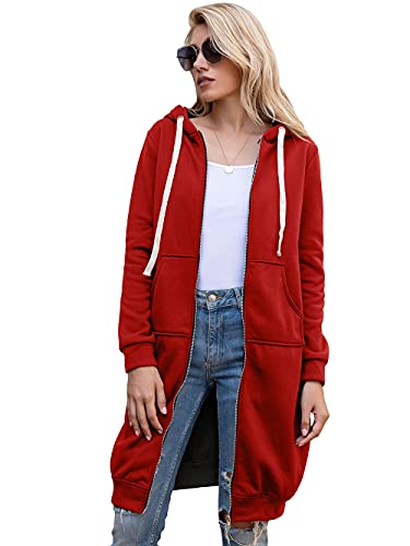 Tomwell Damen Hoodie Kapuzenpullover Lange Sweatshirt Jacke mit Zipper Kapuzenjacke Langen Mantel Herbst Winter Sweatjacke Lose Outwear A Rot S von Tomwell