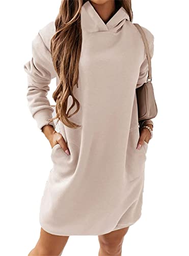 Tomwell Damen Hoodie Kleid Langarm Einfarbig Mode Streetwear Pullover Sweatshirt Casual Kapuzenpullover Tops Herbst Mini Kleid Khaki XL von Tomwell