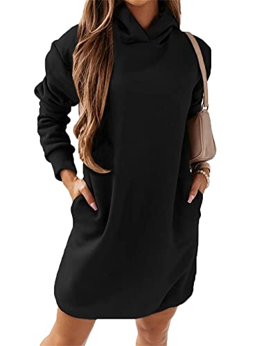 Tomwell Damen Hoodie Kleid Langarm Einfarbig Mode Streetwear Pullover Sweatshirt Casual Kapuzenpullover Tops Herbst Mini Kleid Schwarz XS von Tomwell