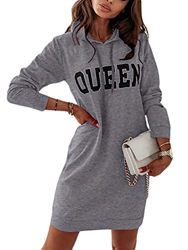 Tomwell Damen Hoodie Kleid Oversized Pullover Langarm Sweatshirts Kapuzenpullover Tops Herbst Mini Kleid Grau 3XL von Tomwell