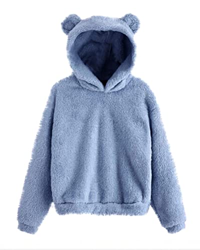 Tomwell Damen Hoodie Mit Ohren Flauschig Warm Kapuze Elegant Pullover Teenager Mädchen Winter Kapuzenpullover Frauen Langarm Sweatshirt Plüsch Fleece Einfarbig Pulli A Blau XS von Tomwell