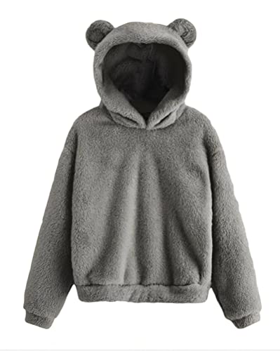 Tomwell Damen Hoodie Mit Ohren Flauschig Warm Kapuze Elegant Pullover Teenager Mädchen Winter Kapuzenpullover Frauen Langarm Sweatshirt Plüsch Fleece Einfarbig Pulli A Grau S von Tomwell