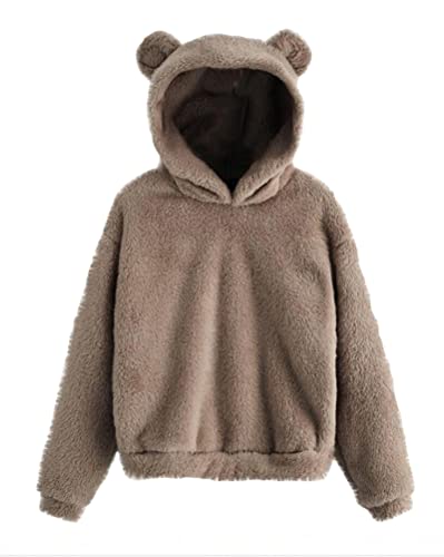 Tomwell Damen Hoodie Mit Ohren Flauschig Warm Kapuze Elegant Pullover Teenager Mädchen Winter Kapuzenpullover Frauen Langarm Sweatshirt Plüsch Fleece Einfarbig Pulli A Khaki S von Tomwell