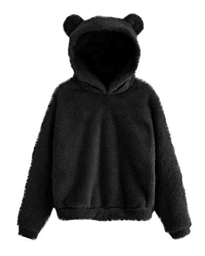 Tomwell Damen Hoodie Mit Ohren Flauschig Warm Kapuze Elegant Pullover Teenager Mädchen Winter Kapuzenpullover Frauen Langarm Sweatshirt Plüsch Fleece Einfarbig Pulli A Schwarz 3XL von Tomwell