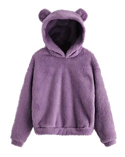 Tomwell Damen Hoodie Mit Ohren Flauschig Warm Kapuze Elegant Pullover Teenager Mädchen Winter Kapuzenpullover Frauen Langarm Sweatshirt Plüsch Fleece Einfarbig Pulli A Violett XS von Tomwell