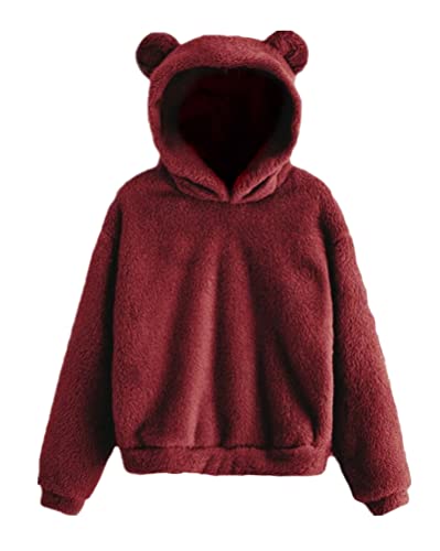 Tomwell Damen Hoodie Mit Ohren Flauschig Warm Kapuze Elegant Pullover Teenager Mädchen Winter Kapuzenpullover Frauen Langarm Sweatshirt Plüsch Fleece Einfarbig Pulli A Weinrot M von Tomwell