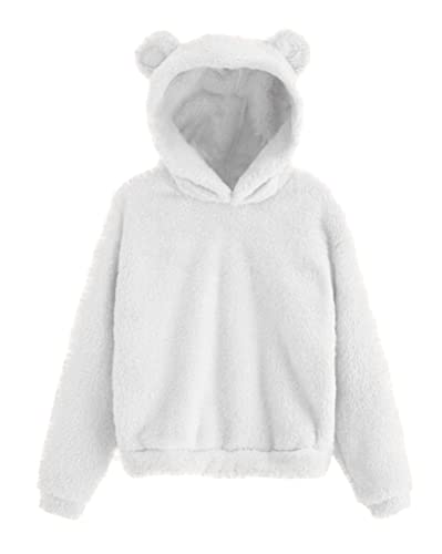 Tomwell Damen Hoodie Mit Ohren Flauschig Warm Kapuze Elegant Pullover Teenager Mädchen Winter Kapuzenpullover Frauen Langarm Sweatshirt Plüsch Fleece Einfarbig Pulli A Weiß M von Tomwell