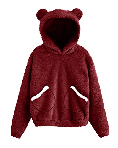 Tomwell Damen Hoodie Mit Ohren Flauschig Warm Kapuze Elegant Pullover Teenager Mädchen Winter Kapuzenpullover mit Tasches Frauen Sweatshirt Plüsch Fleece Einfarbig Pulli B Weinrot L von Tomwell