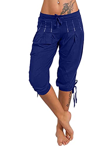 Tomwell Damen Hose Bermuda Sommer Stoffhose Freizeithose Elastischer Bund Mit Taschen Casual 3/4 Hose Kurze Hose Jogginghose Fitness Trainingshose Sporthose Bleistifthose W Dunkelblau L von Tomwell